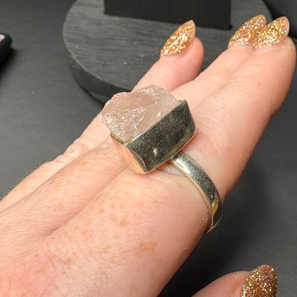 Sterling Silver Rose Quartz Ring Rose Quartz Statement Ring Size 7 - Picture 2 of 8